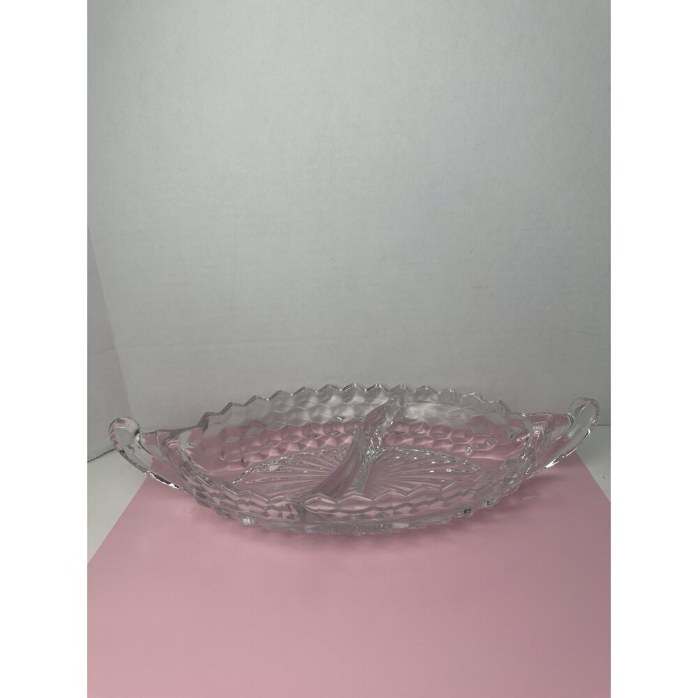 Vintage Fostoria American Clear 2 Part Double Handle Relish Dish 12” Long Heavy